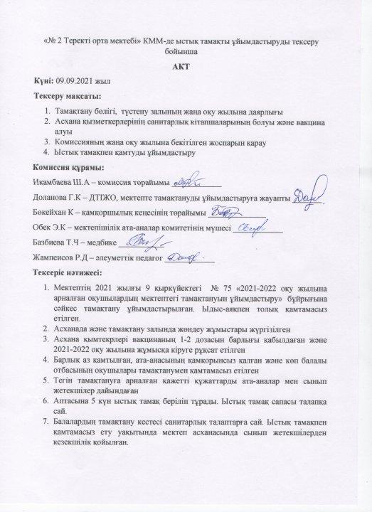 ыстық тамақты ұйымдастыруды тексеру бойынша АКТ